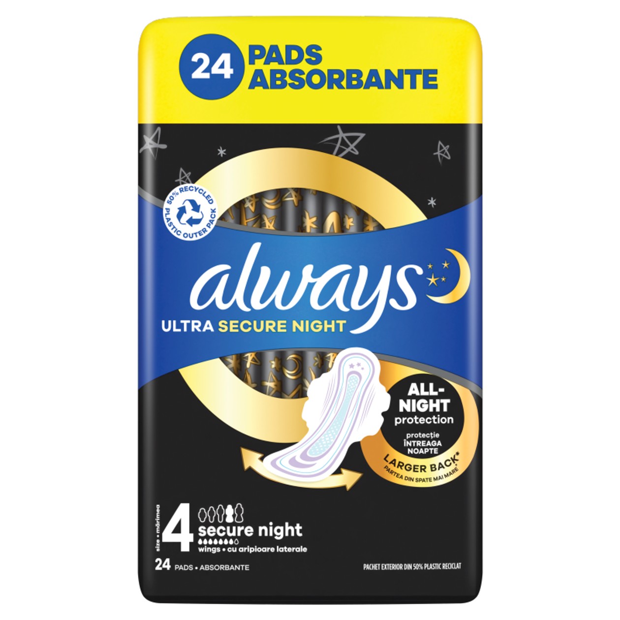 Always Ultra Hygienické Vložky Secure Night (Velikost 4) S Křidélky X24