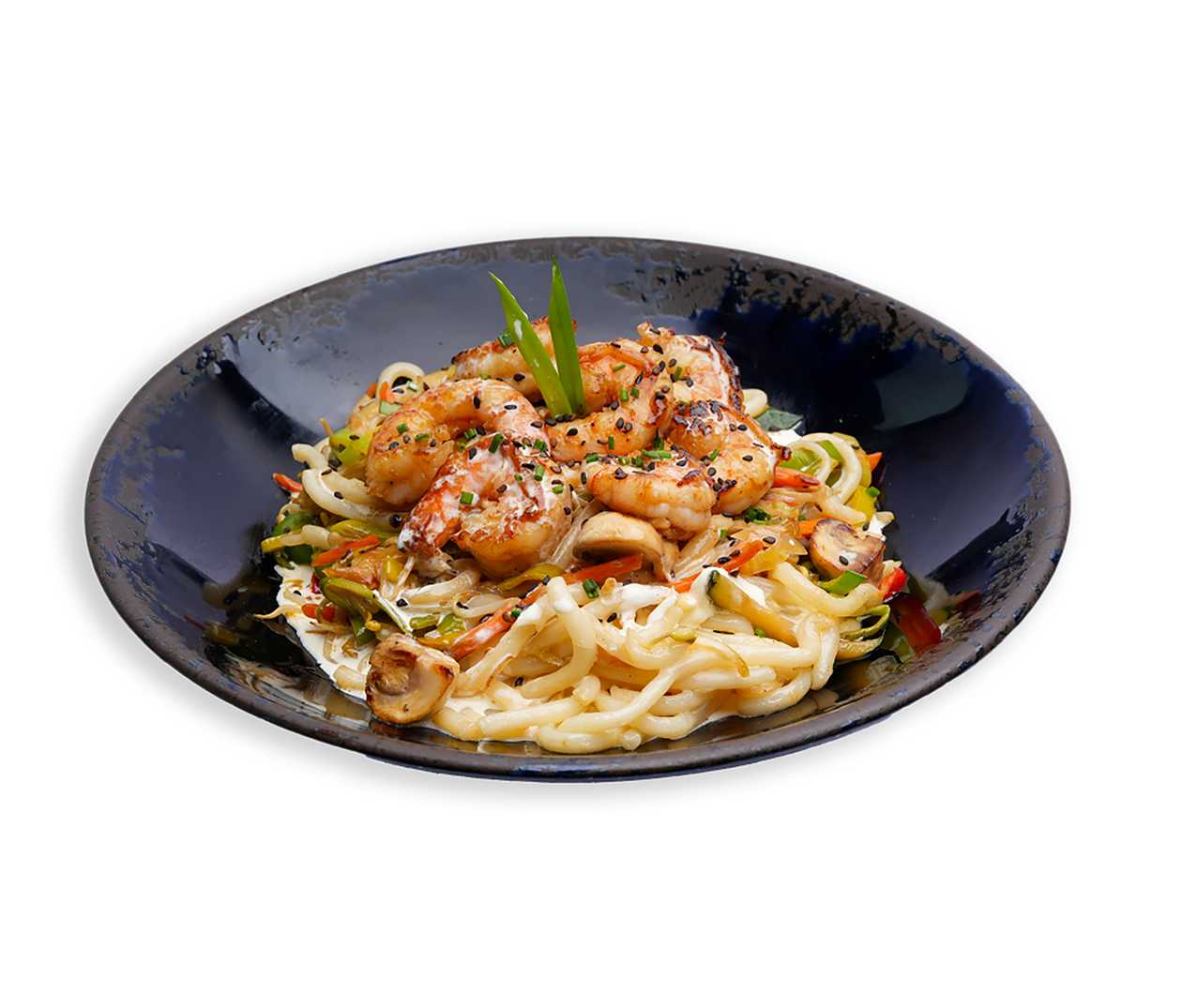 10. Krevečių WOK su grietinėlės ir porų padažu bei kvietiniais makaronais