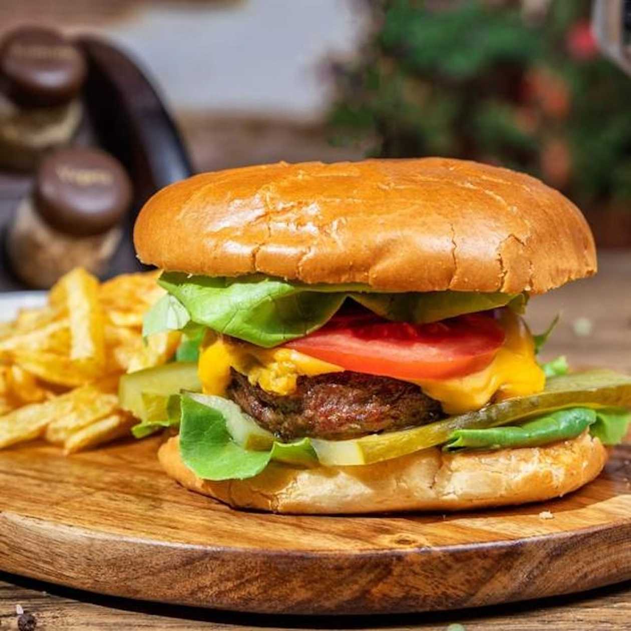 Homemade cheeseburger with steakhouse French fries