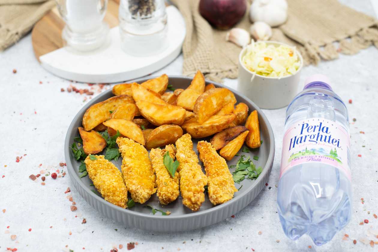 Crochete de pui cu fulgi si parmezan,cartofi wedges,salata de varza alba,apa plata