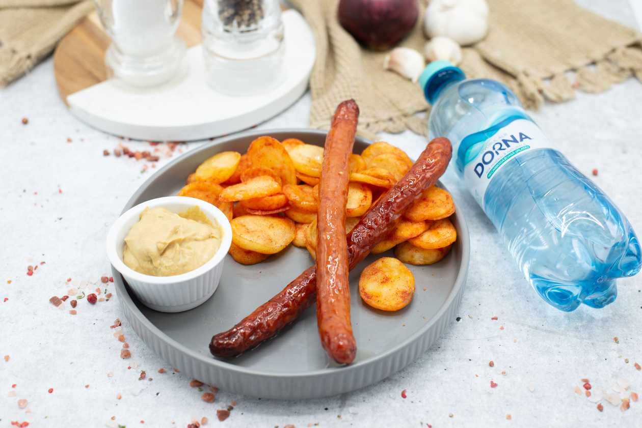 Grilled sausages,apa plata