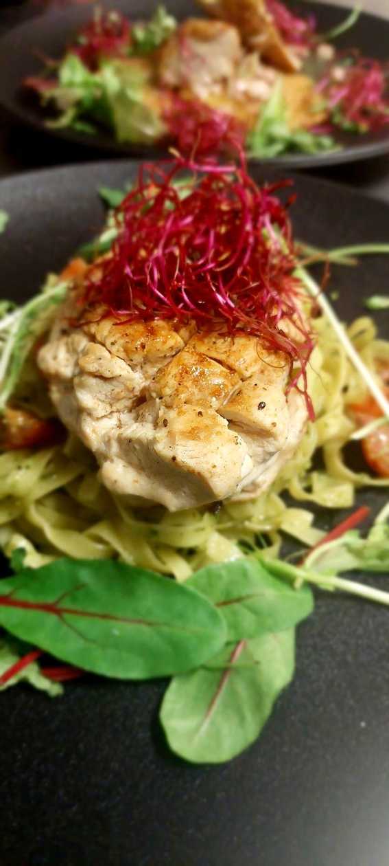 Chicken steak on tagliatelle