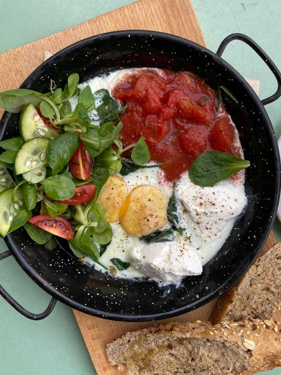 2 Eggs with Goat Cheese, Spinach and Tomato Salsa