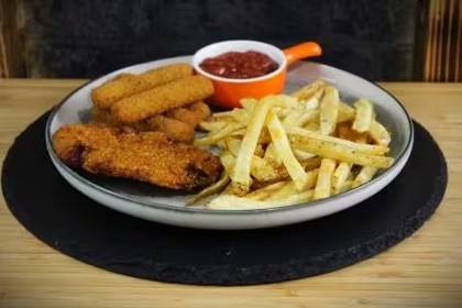 Chicken schnitzel meal with mozzarella sticks