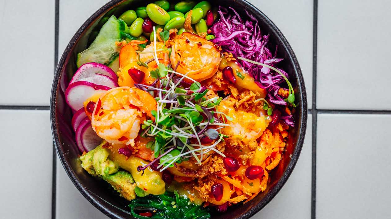 Mango chilli prawns Poke bowl