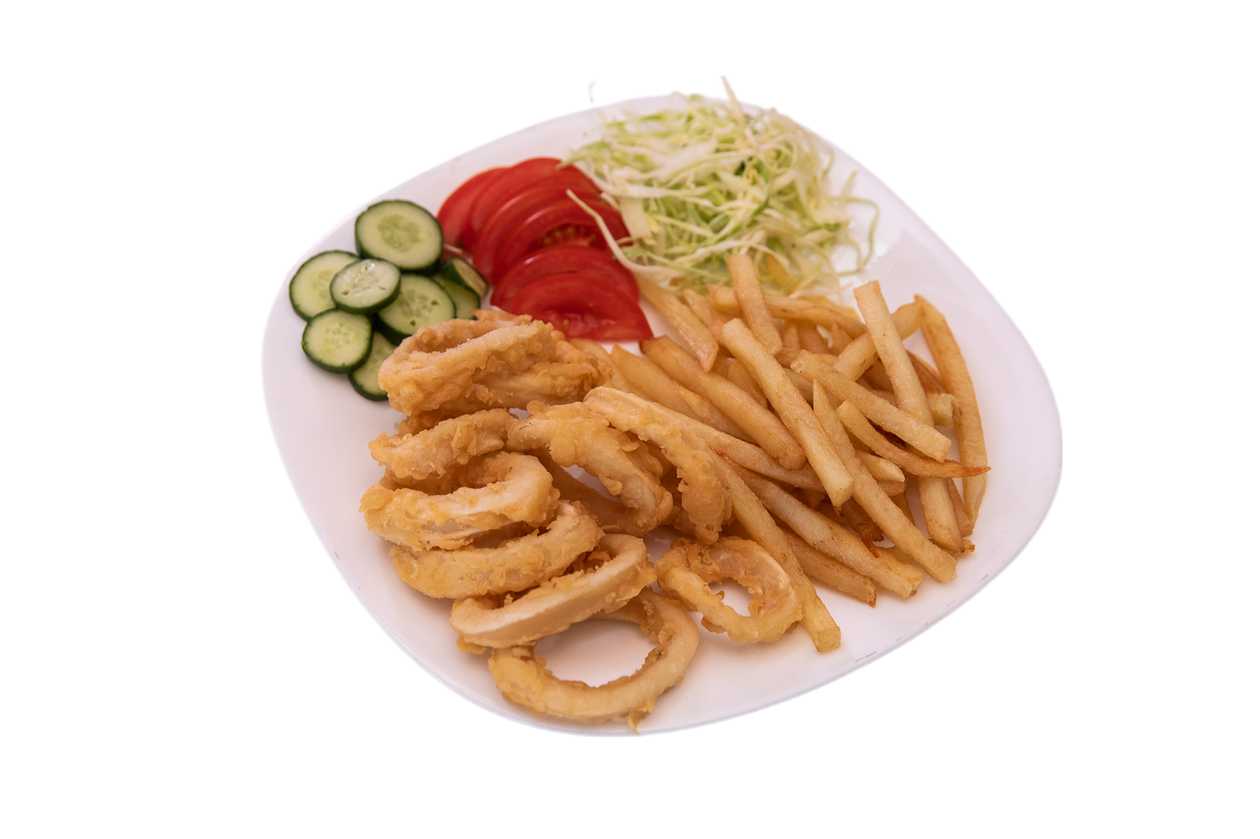 Fresh Baby Fried Calamari With Fried Potatoes