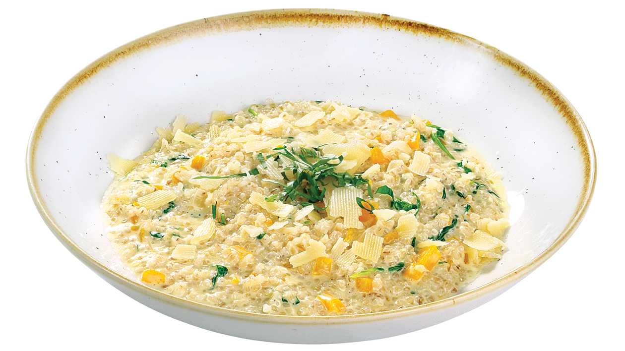 Grūbu risoto ar ķirbi un spinātiem