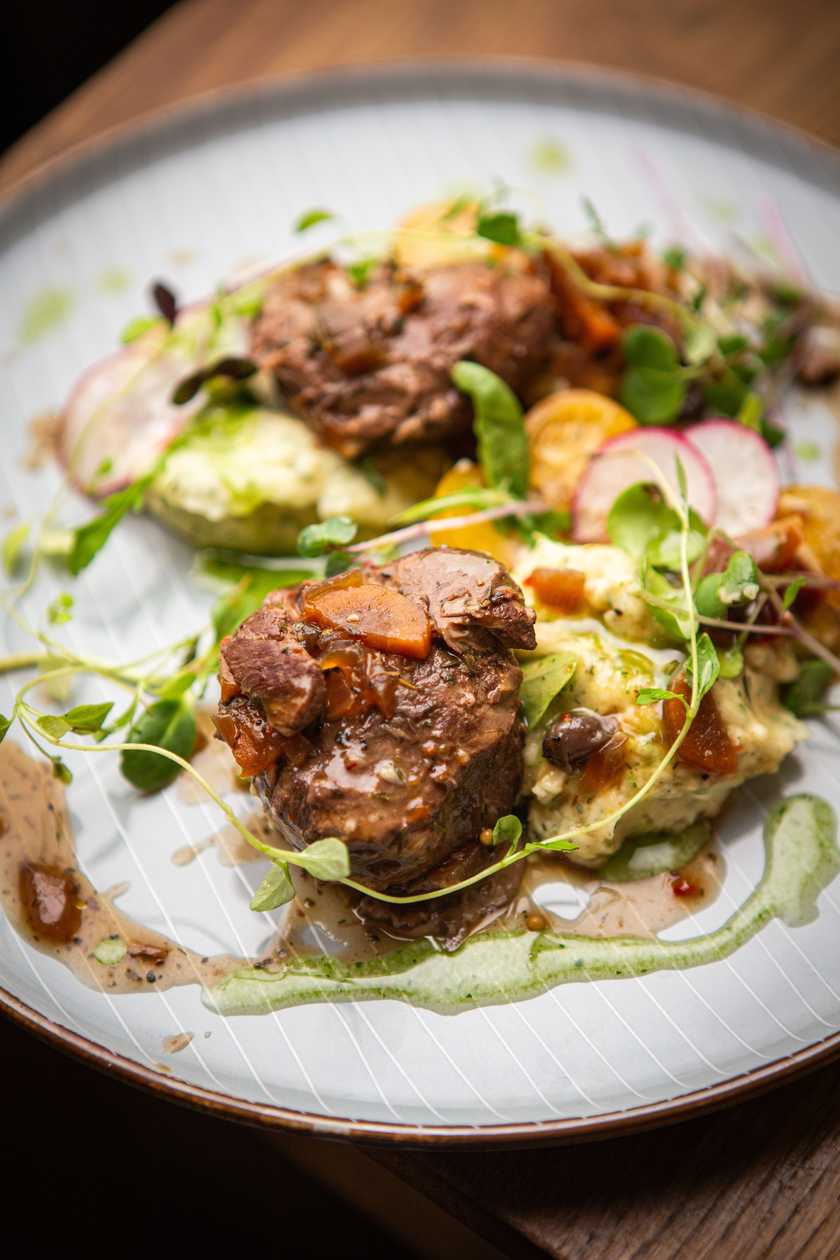 Pork cheeks with black plum sauce and wild mushroom puree