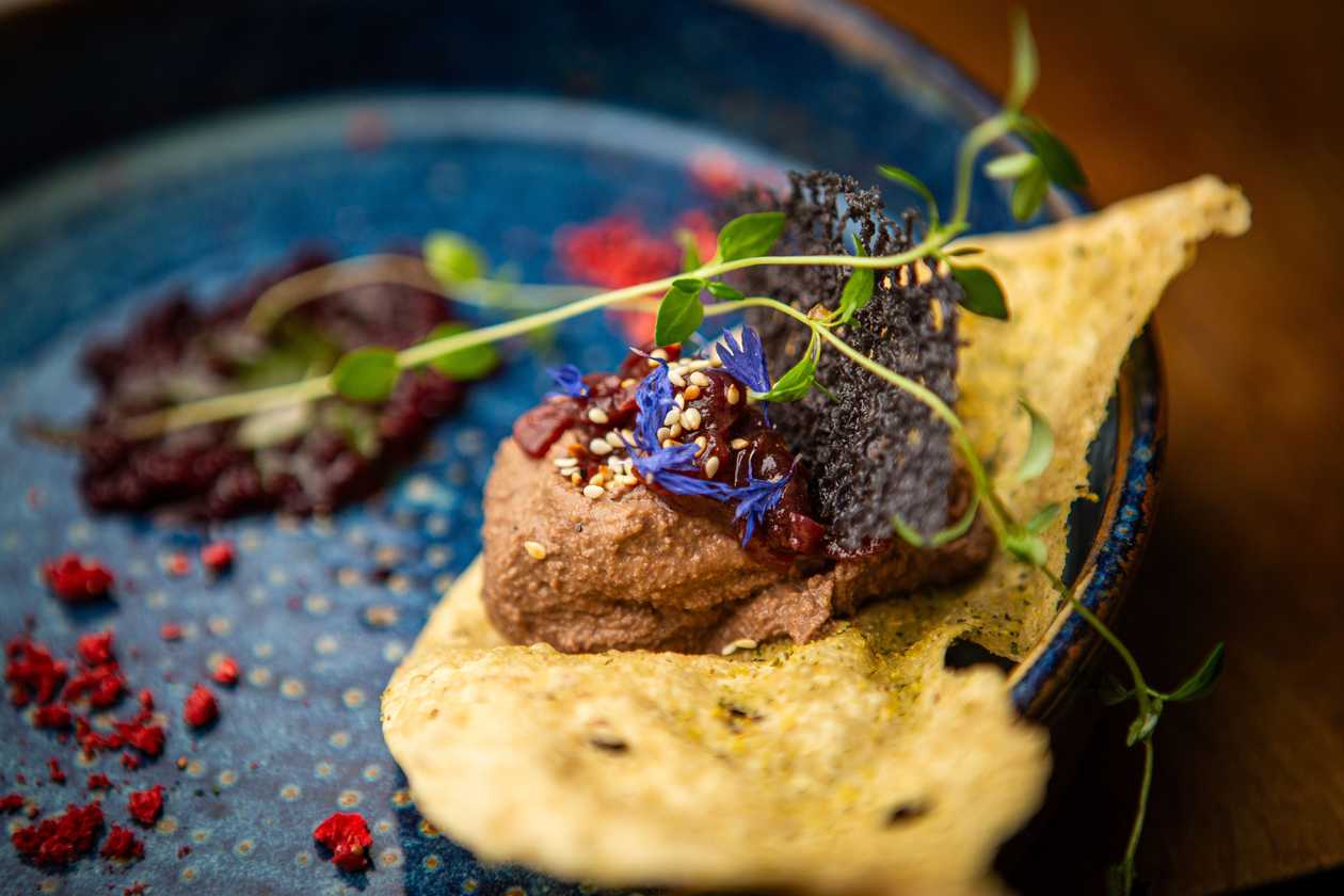 Duck pate on vegetable hay with onion jam