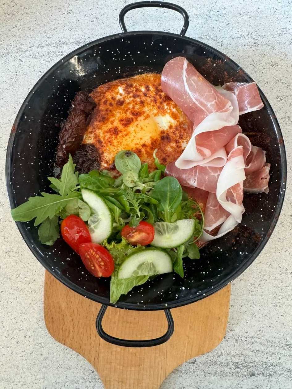 2 Spanish Style Eggs with Smoked Ground Peppers, Dried Tomatoes and Rosemary & parma ham