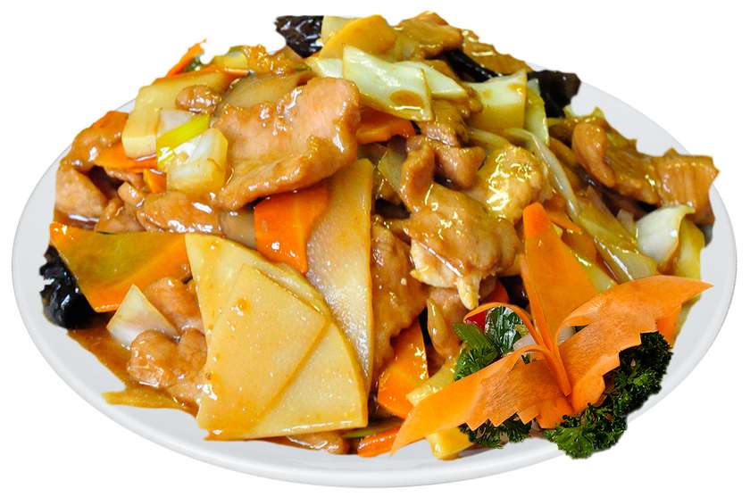 Pork with bamboo and muhrooms, rice