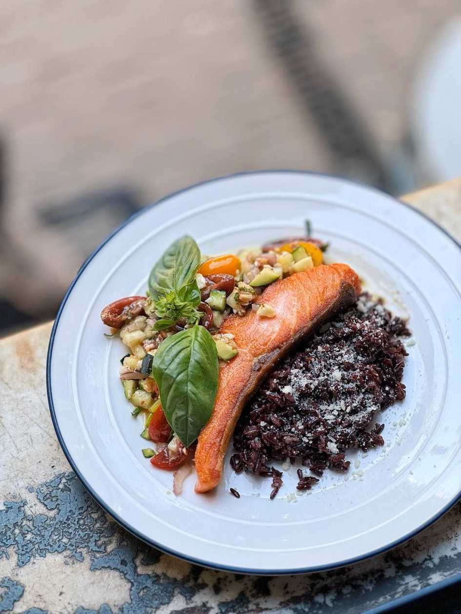 Fried salmon with wild black rice