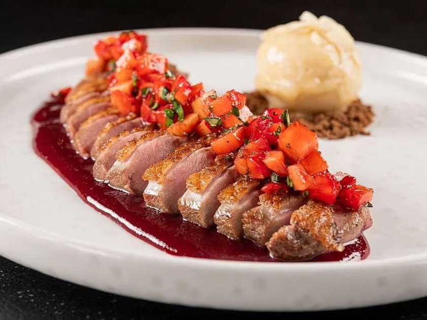 Duck breast with craft baked apple sorbet