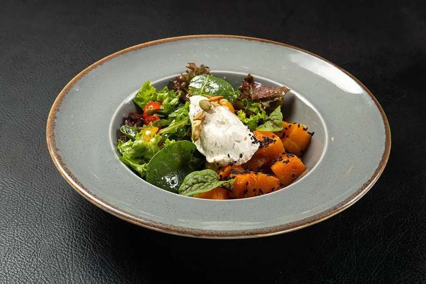 Roasted Pumpkin Salad with Seed Cream Mousse