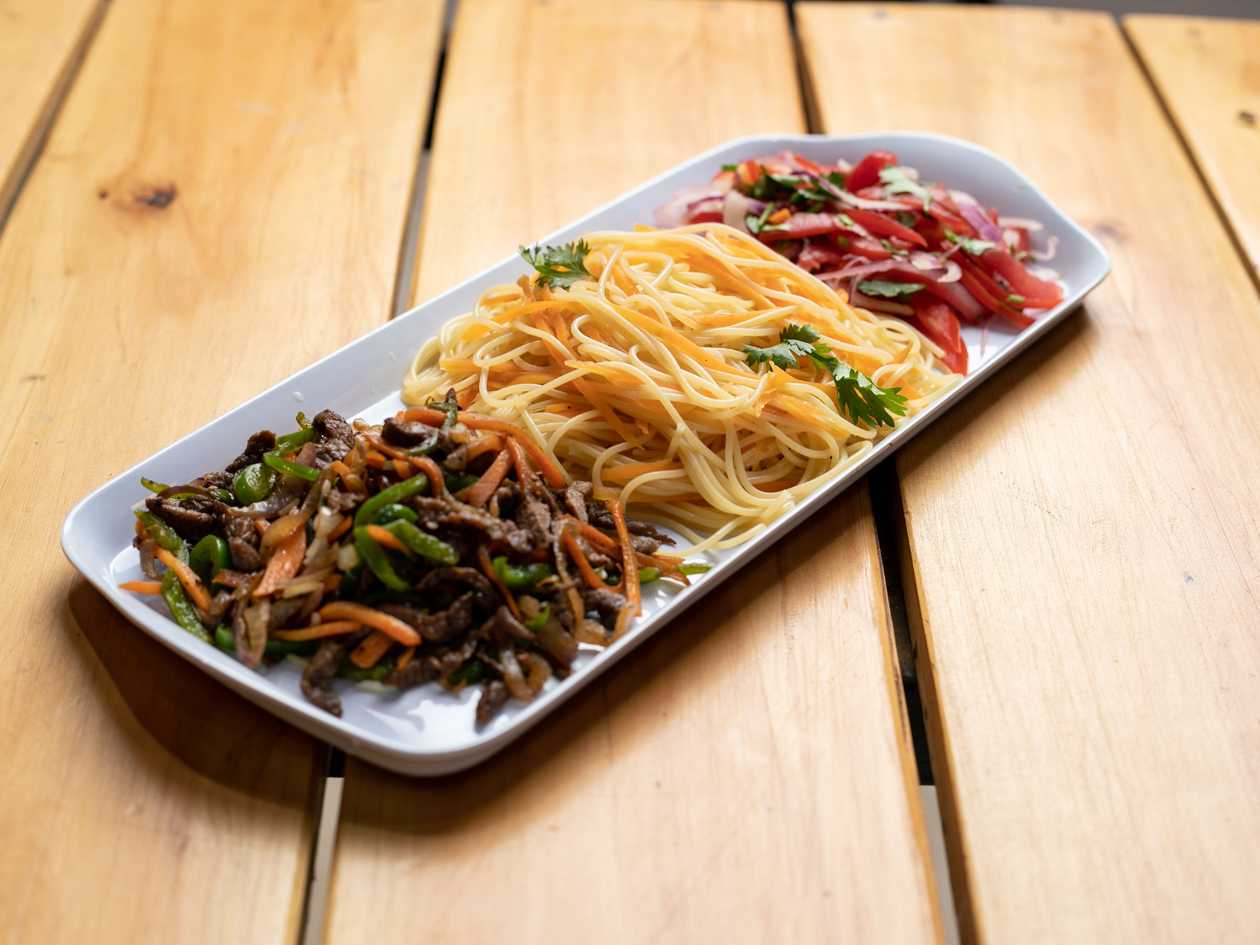 Dry Fry Beef and Rice or Spaghetti and Kachumbari