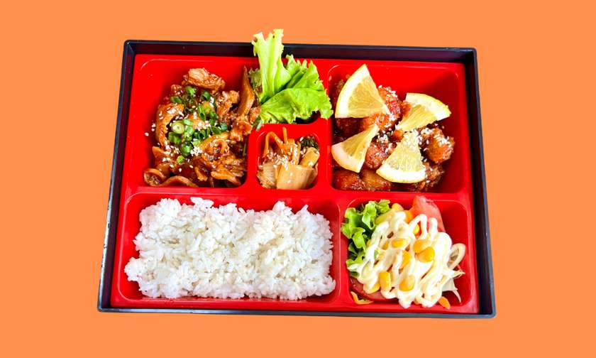 BENTO Bulgogi Pork, Orange Chicken, Salad, Kimchi