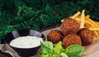 Vegan Falafel plate with rice/potatoes and salad