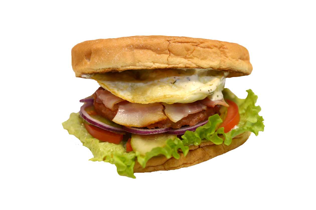 Burger with bacon, fried egg and meatball