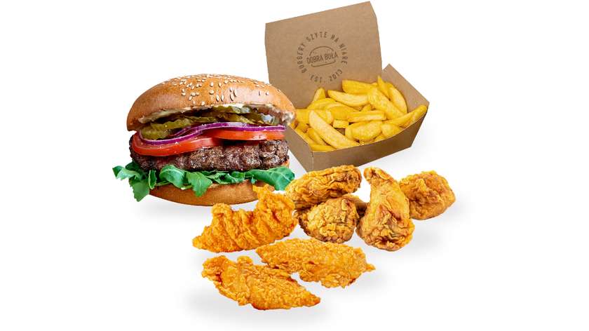 Standard Burger+3 szt stripsów z kurczaka + 4 szt panierowanych  skrzydełek+ duże frytki