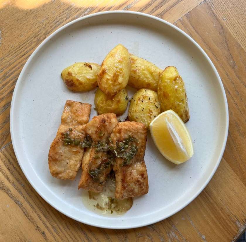 Perch Meuniere. Baked Potatoes.