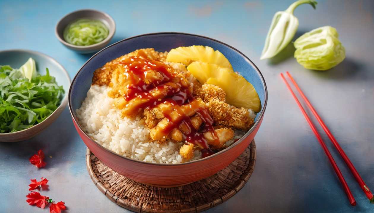 Chicken katsu with pineapple and barbecue sauce