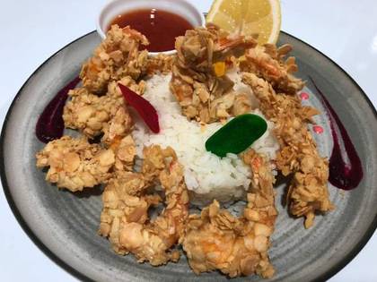 Black Tiger in Almond Crust with Rice