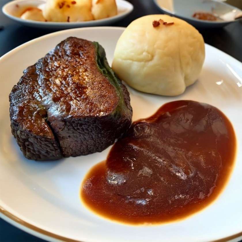 Vegetable cream sauce, beef slice, dumplings