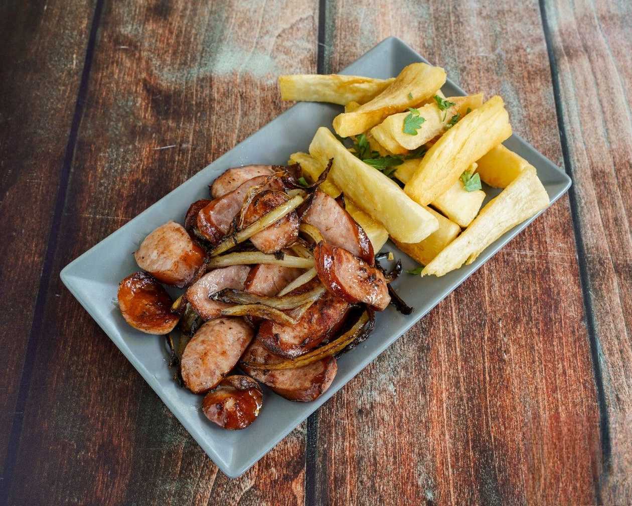 Grilled Sausage with Fried Cassava