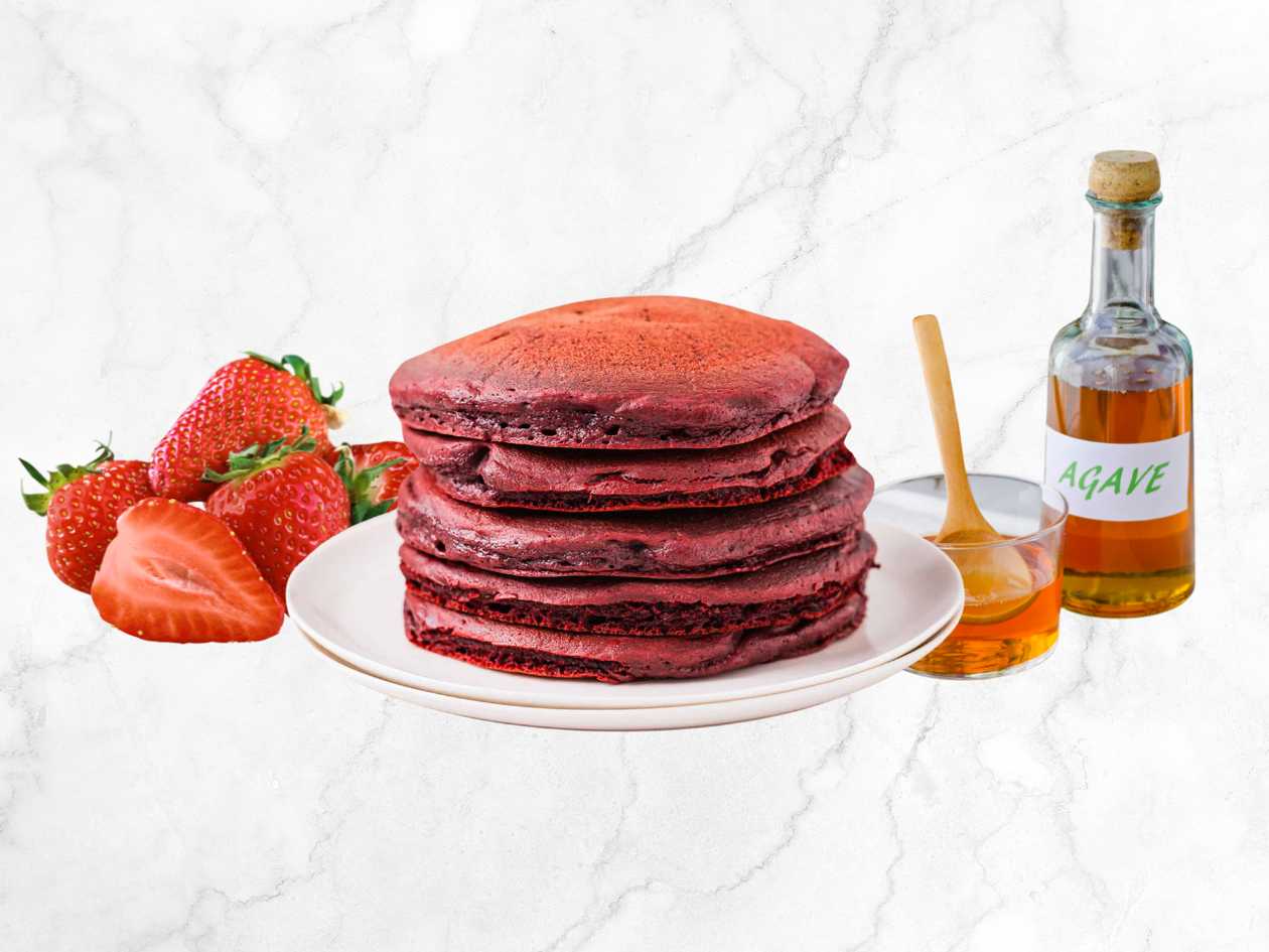 Red Velvet Pancakes W/ Strawberries & Agave Syrup