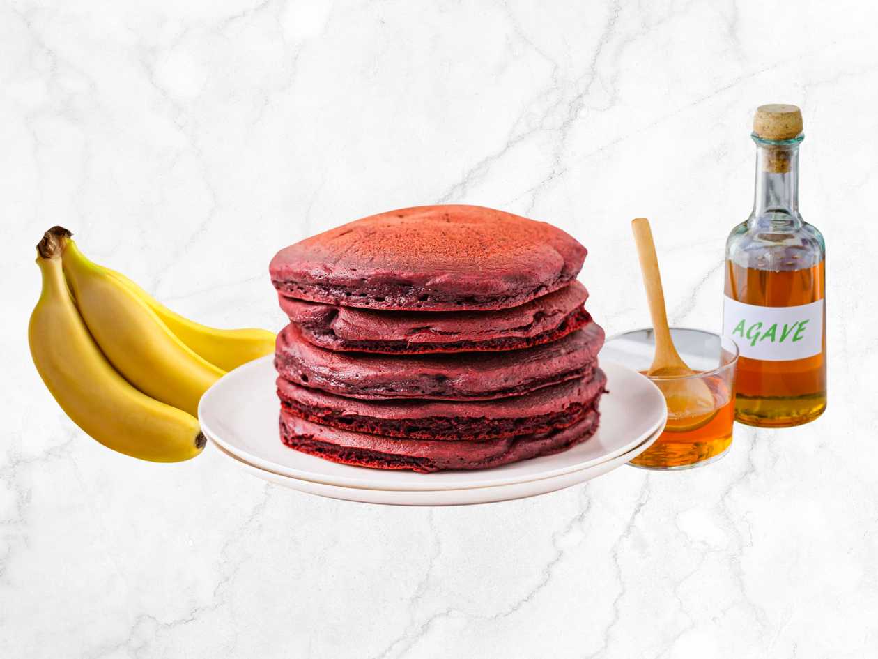 Red Velvet Pancakes W/ Banana & Agave Syrup