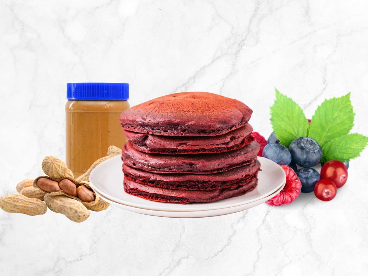 Red Velvet Pancakes w/ Peanut Butter & Red Fruits