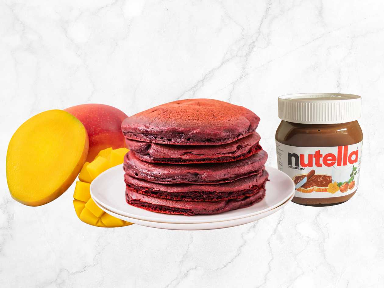 Red Velvet Pancakes W/ Mango & Nutella