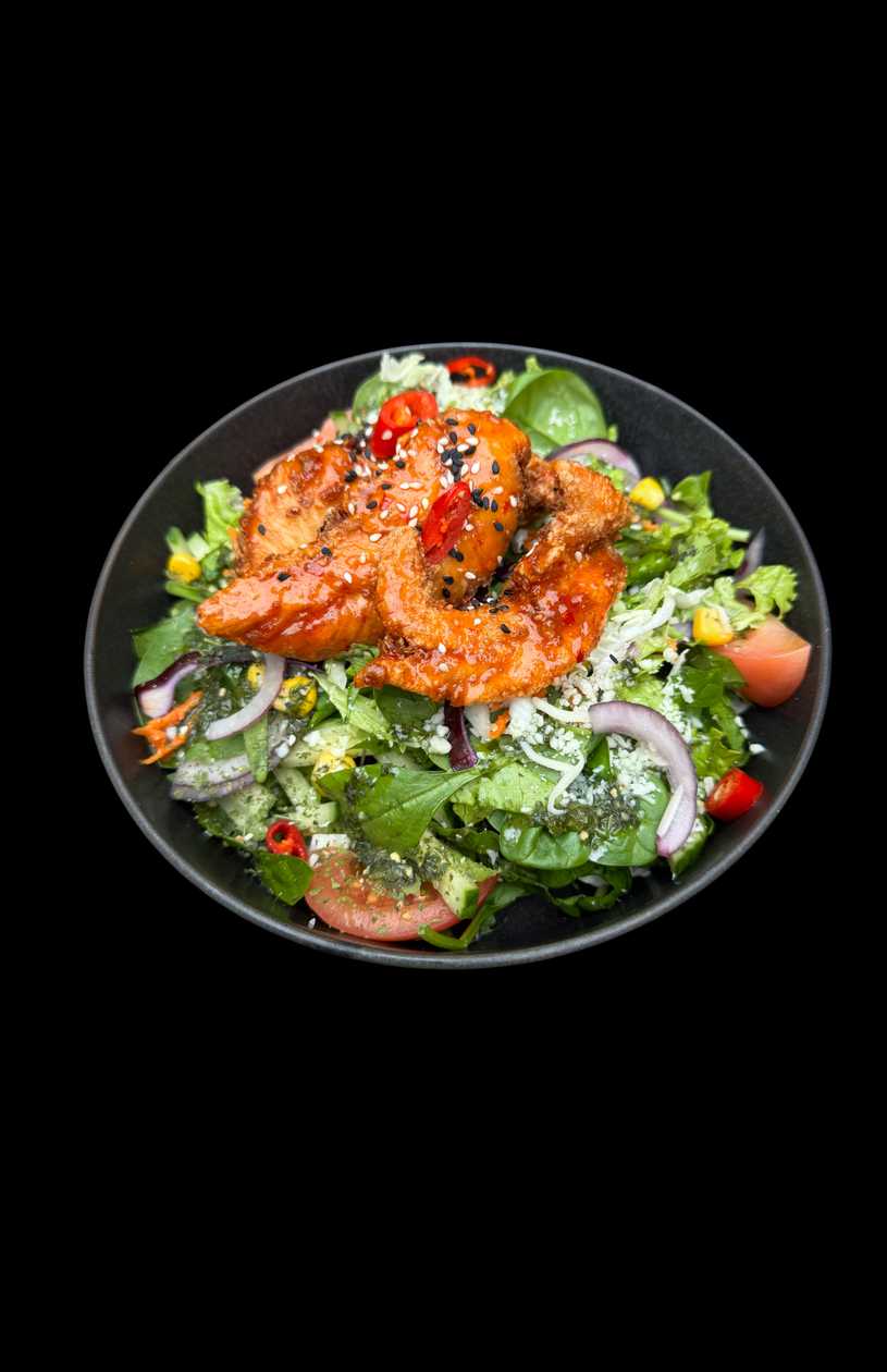 Daržo salotos su sweet čili grūzdintais piršteliais