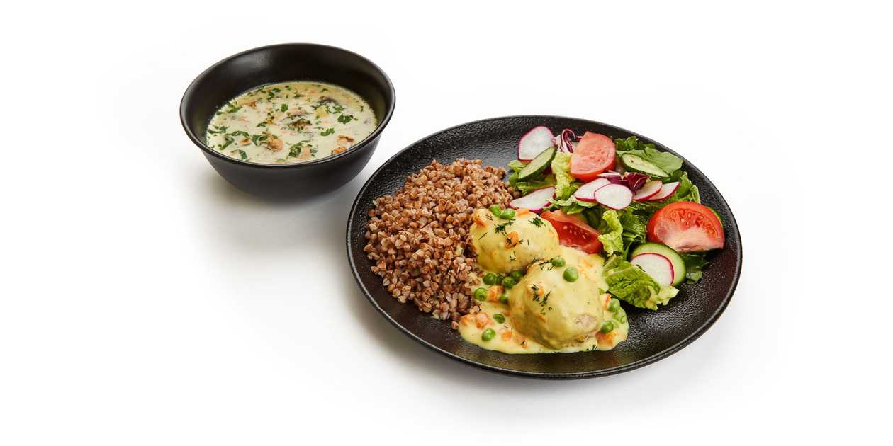 Mushroom soup and stewed turkey dumplings with carrots, buckwheat and vegetable salad