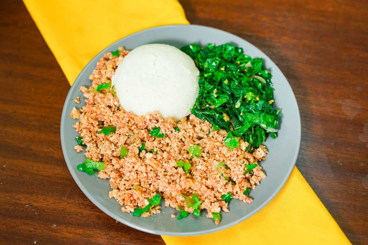 Scrambled Eggs with Ugali and Vegetables