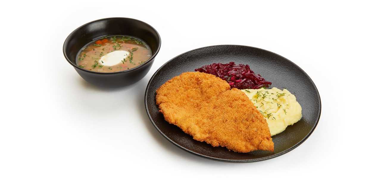 Pea soup and Chicken schnitzel with mashed potatoes and pickled beets