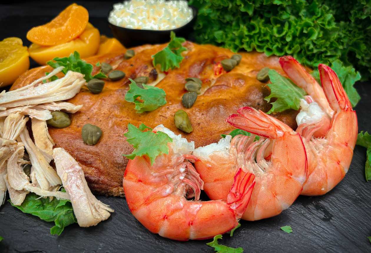 Chicken, shrimp and peach pie