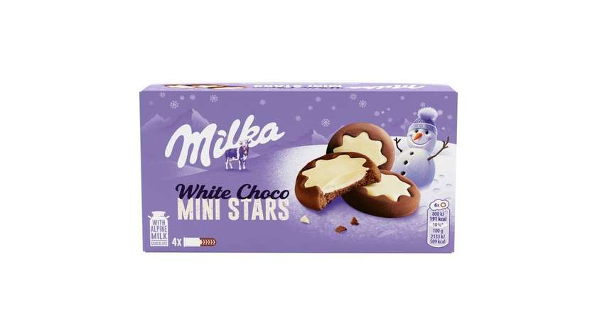 Milka White Choco Mini Stars Cocoa Cookies, Milk Filling and White Chocolate 150g