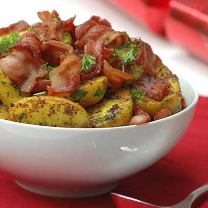 Sautéed Baby Potatoes with Caramelised Onions and Beef Bacon