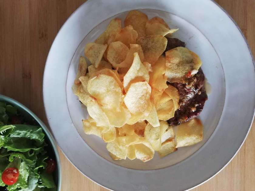 Flank Steak with Potato Chips and Salad