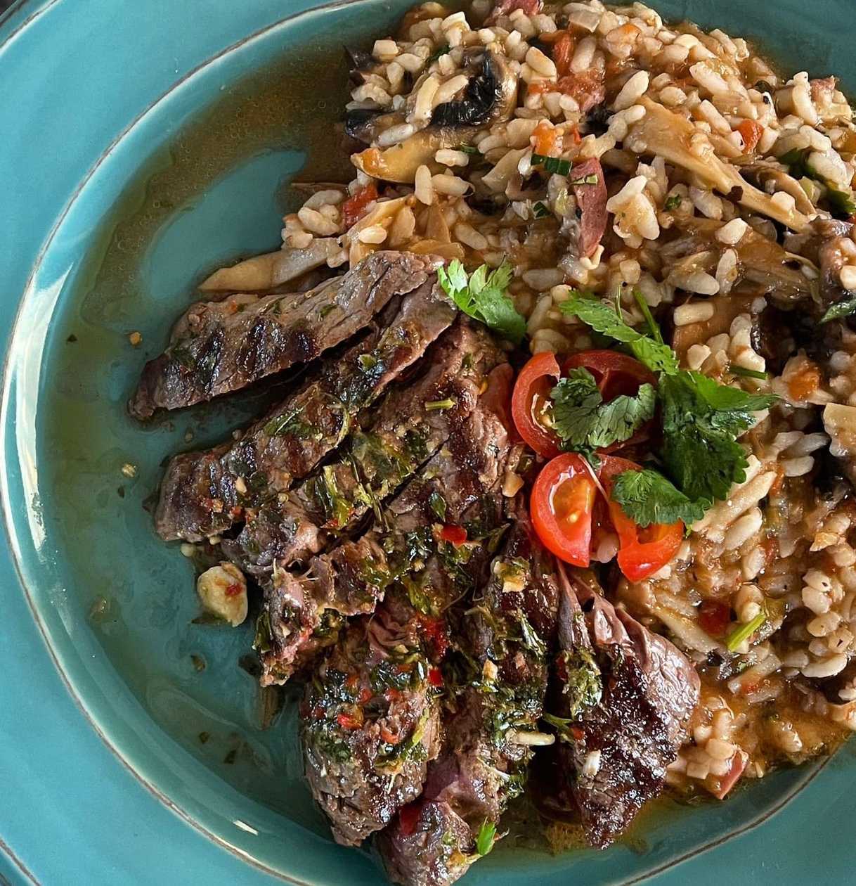 Flank Steak with Mushroom and Bacon Risotto
