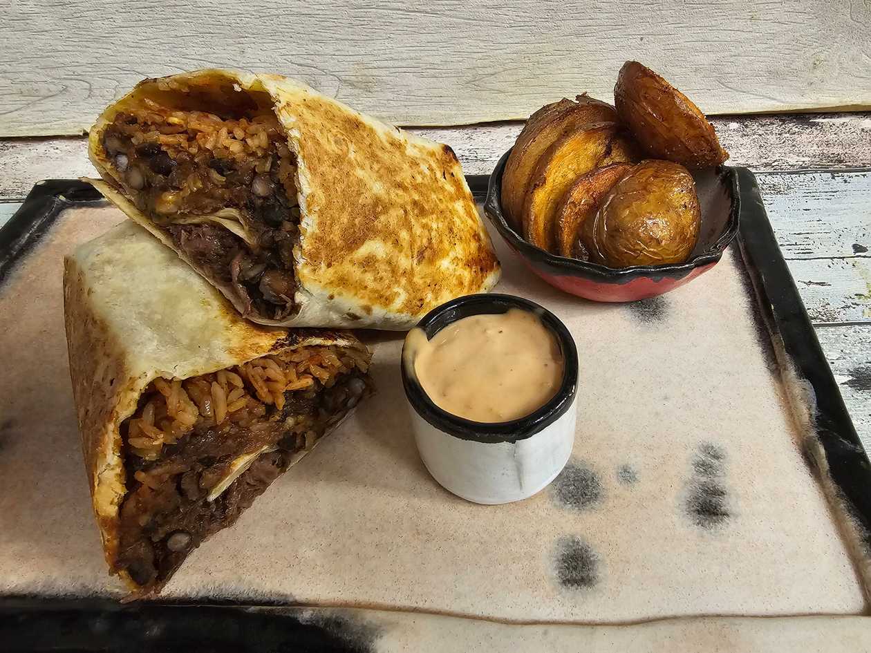 Burrito with pulled beef adobo