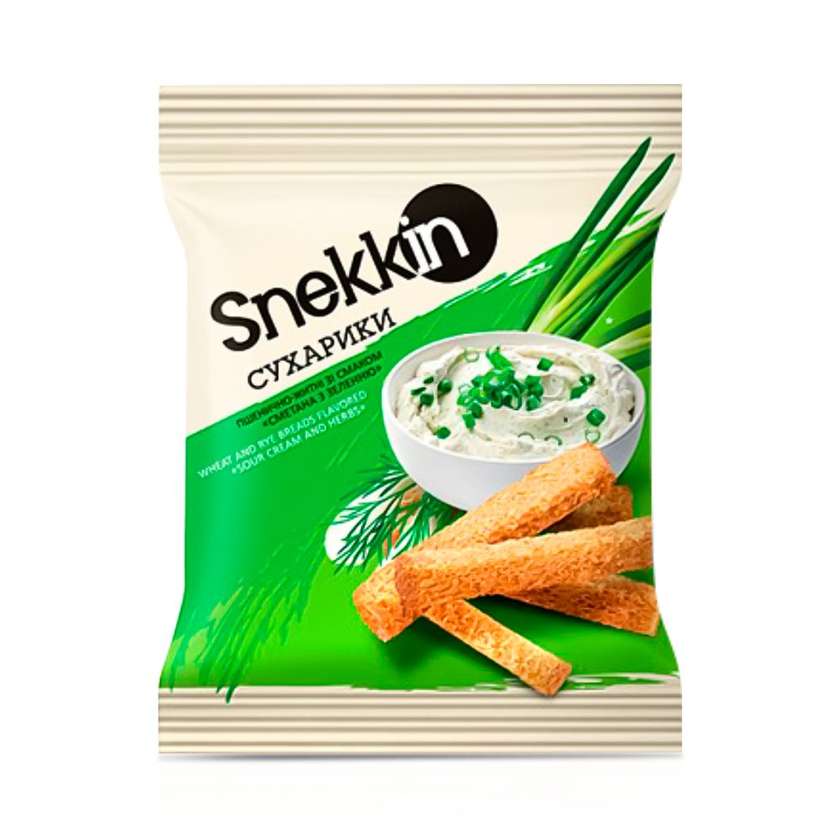 Сухарики пшенично-ржаные - Snekkin, со вкусом сметаны с зеленью, 70 г