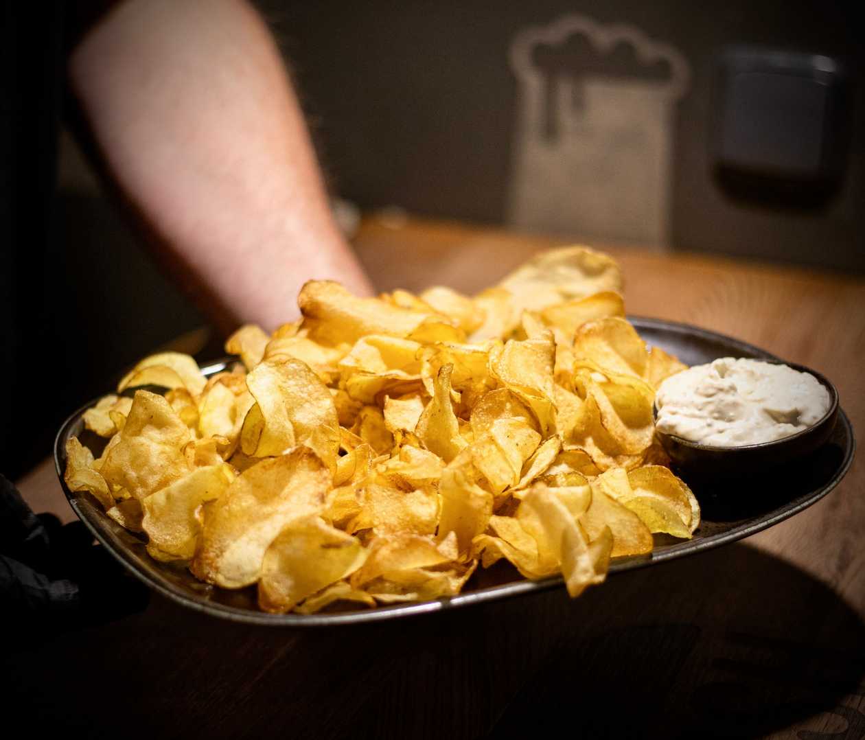 Homemade chips with Blue Cheese sauce