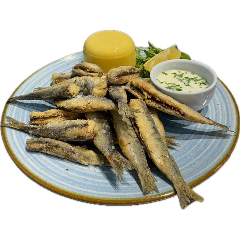 Fried sardines with polenta and garlic sauce