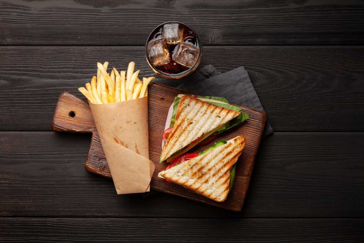 Club sandwich and fries
