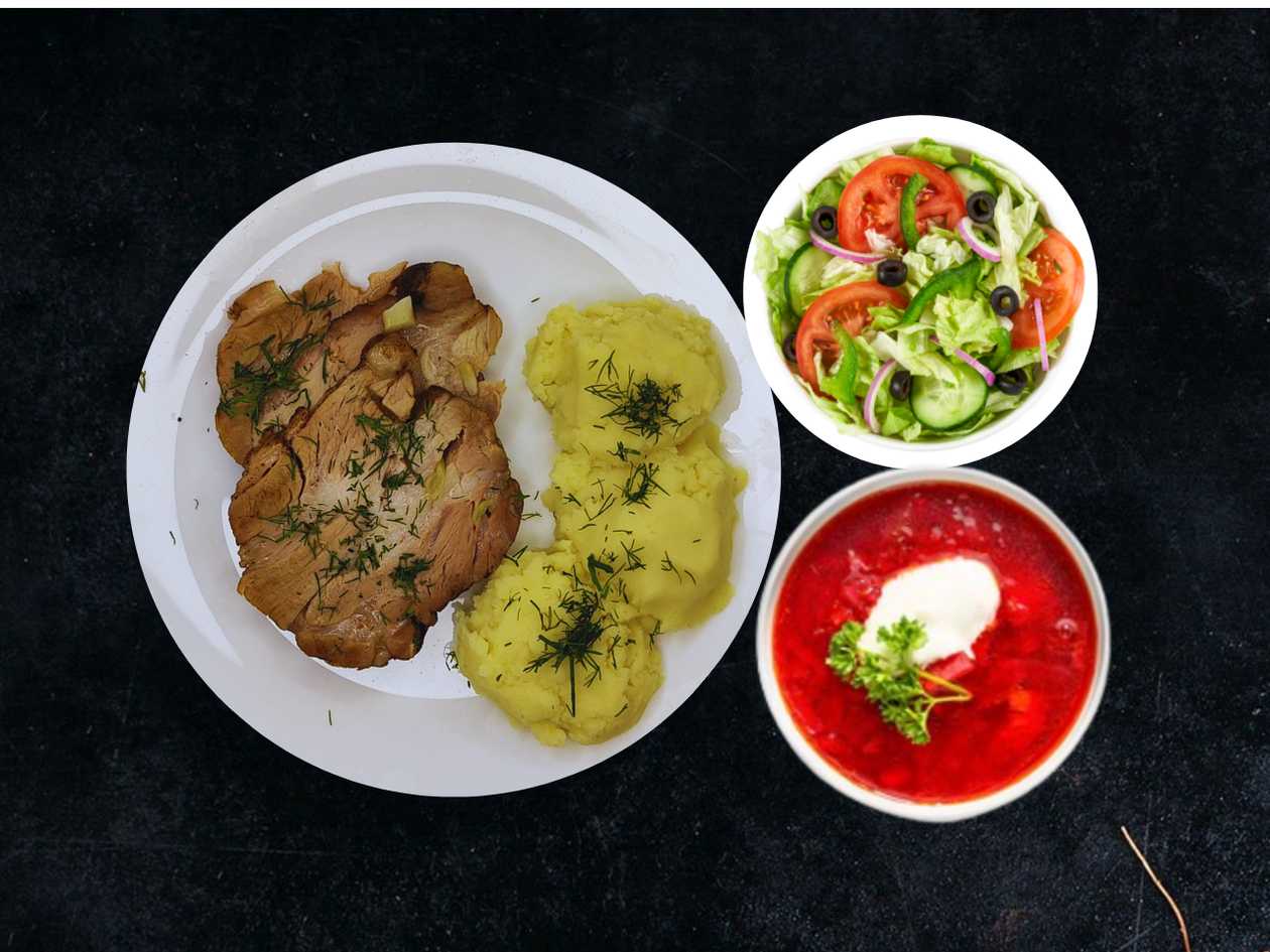 Zestaw 1000+g: Zupa+Schab pieczony z sosem+dodatek+2 surówki do wyboru