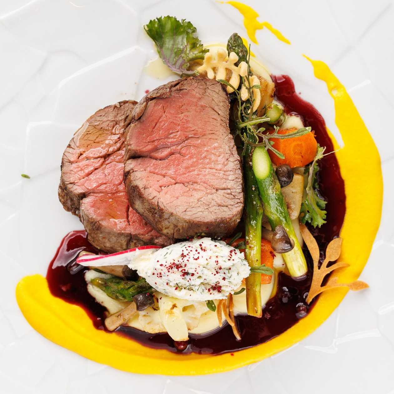 Braised Beef Tenderloin Grilled and Glazed in Burnt Butter with Thyme, Baked Potato Cube with Cottage Cheese Cream, Red Wine Reduction