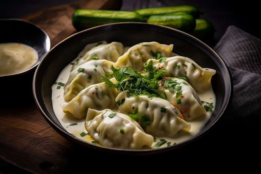 Dumplings with mushroom sauce and cheese
