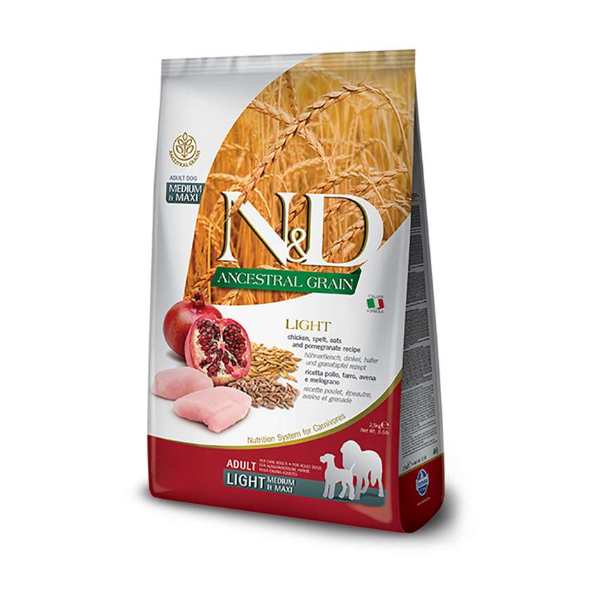 N&D DOG ANCESTRAL GRAIN CHICKEN. SPELT. OATS & POMEGRANATE LIGHT ADULT MEDIUM & MAXI 12 KG